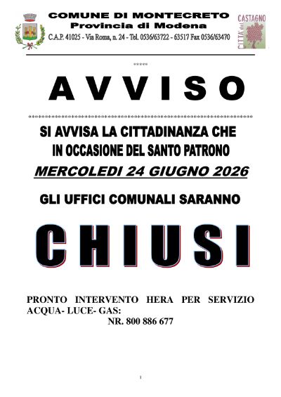 AVVISO CHIUSURA UFFICI COMUNALI NEL GIORNO DEL SANTO PATRONO